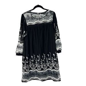 Suzanne Betro Black White Embroidered Floral Lace Boho Dress Sz‎ L Women’s
